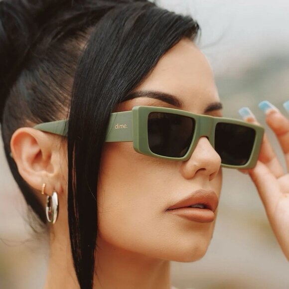 DIME Matte Olive Green Girls Night Polarized Sunglasses Funky Festival Elongated - Picture 1 of 12